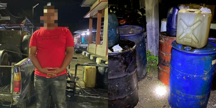 Polisi menangkap pelaku yang mengangkut satu ton lebih bahan bakar minyak (BBM) subsidi di Desa Jangka Masjid, Kecamatan Jangka, Kabupaten Bireuen, Rabu, (31/8/2022). (Foto: Ist)