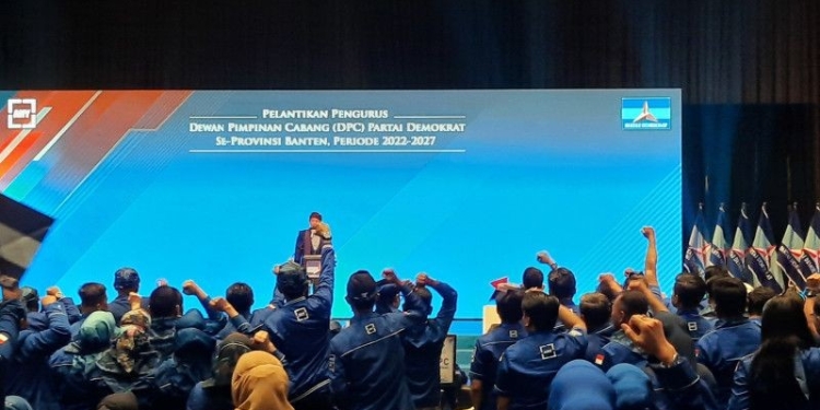 Ketua Umum DPP Partai Demokrat, Agus Harimurti Yudhoyono, saat memberikan sambutan pada Pelantikan Pengurus Dewan Pimpinan Cabang Partai Demokrat Se-Provinsi Banten 2022-2027 di Tangerang, Senin. ANTARA. Azmi S Maarif