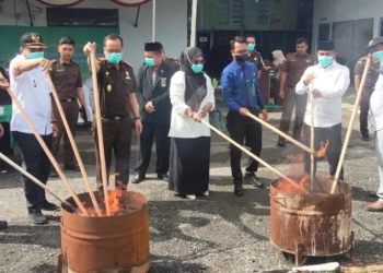 Kajari Pijay Oktario Hartawan Achmad, Wabup Pidie Jaya, Said Mulyadi dan Ketua DPRK A. Kadir Jailani saat memusnahkan BB narkotika. (ANTARA/ Kejari Pijay)