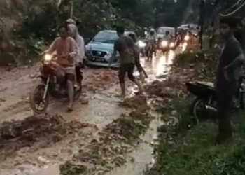 Pengendara roda dua dan mobil dari dua arah berebut melintasi ruas jalan lintas provinsi Medan-Banda Aceh yang tertimbun tanah longsor sedang dibersihkan oleh petugas dan warga di kawasan bukit Desa Seumadam, Kecamatan Kejuruan Muda, Aceh Tamiang, Aceh, Jumat (18/11/2022) malam. ANTARA/HO