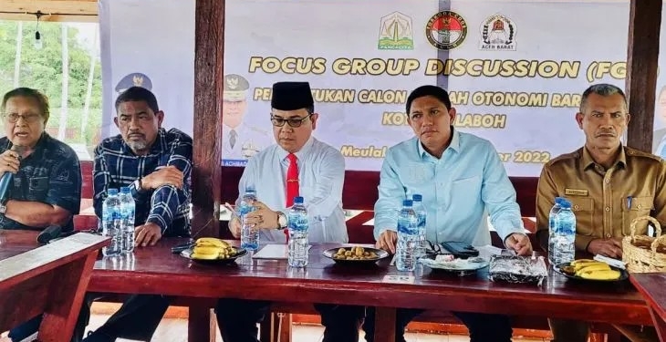 Pj Bupati Aceh Barat Mahdi Efendi (berpeci) dan Ketua Forum Komunikasi Daerah (FORKODA) CDOB Aceh, Fuadri (dua dari kanan) menghadiri Focus Group Discussion (FGD) tentang Pemekaran Calon Daerah Otonomi Baru (CDOB) Kota Meulaboh, di sebuah kafe di Meulaboh, Selasa (15/11/2022). (ANTARA/HO)