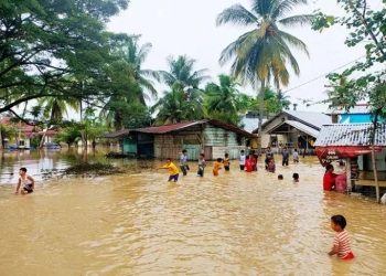 Sekelompok anak bermain banjir di Desa Nibong Baroh, Kecamatan Nibong, Kabupaten Aceh Utara, Rabu (21/12/2022). ANTARA/HO/Dok Warga