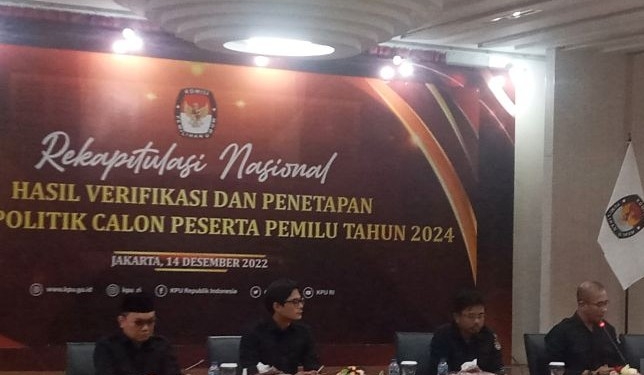 Suasana Rekapitulasi Nasional Hasil Verifikasi dan Penetapan Partai Politik Calon Peserta Pemilu 2024 di Kantor KPU RI, Jakarta, Rabu (14/12/2022). ANTARA/Tri Meilani Ameliya.