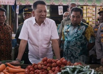 Penjabat Gubernur Aceh Achmad Marzuki, bersama Pj. Bupati Aceh Besar, Muhammad Iswanto, saat meninjau Pasar Induk Lambaro, Kecamatan Ingin Jaya, Aceh Besar, Kamis (26/1/2023). (Dok. Humas Pemerintah Aceh)