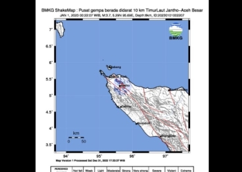 Peta guncangan gempa di wilayah Jantho, Aceh Besar pada pukul 00.22 WIB, Minggu (1/1/2023). (ANTARA/HO-BMKG)