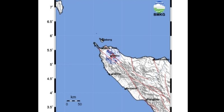 Peta guncangan gempa di wilayah Jantho, Aceh Besar pada pukul 00.22 WIB, Minggu (1/1/2023). (ANTARA/HO-BMKG)