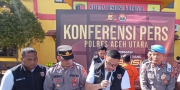 Polisi menggelar konferensi pers terkait kasus dugaan tindak pidana percobaan pembunuhan dan penganiayaan terhadap anggota polisi di Mapolres Aceh Utara, Rabu (25/1/2023). ANTARA/Dedy Syahputra