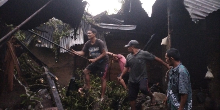 Pohon tumbang timpa sejumlah rumah di Kabupaten Nagan Raya, Aceh, Senin (24/4/2023). (Foto: Alibi/Dok. BPBA)
