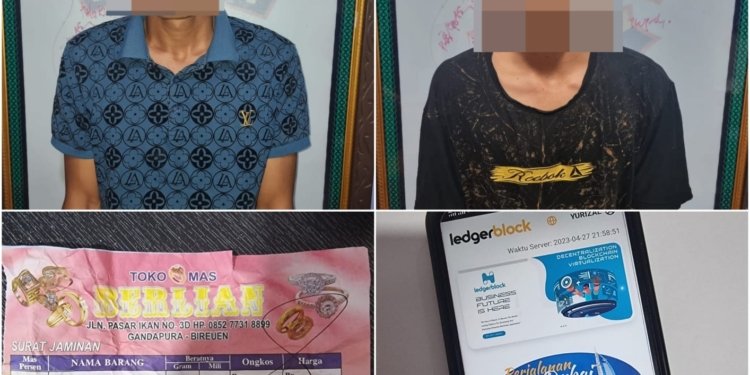 Dua pelaku pencurian uang dalam rekening Bank Aceh beserta barang bukti. (Foto: Alibi/Dok. Polsek Ganda Pura)