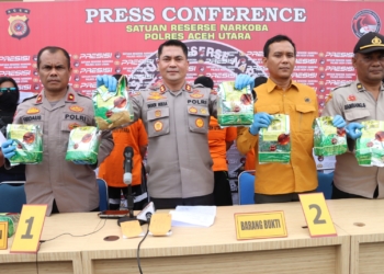 Polisi memperlihatkan barang bukti 12 kilogram sabu. (Foto: Alibi/Dok. Polres Aceh Utara)