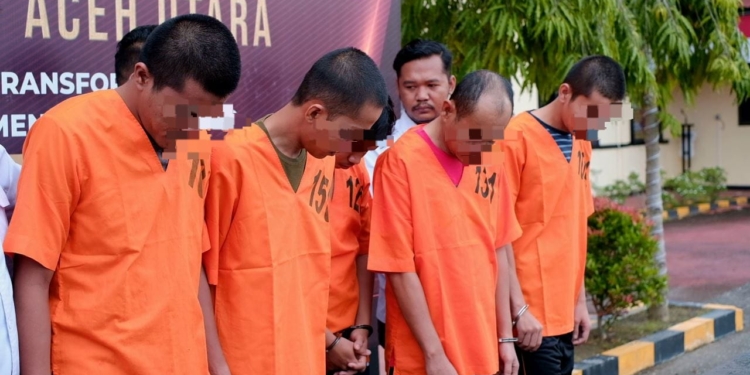 Para komplotan tindak pidana perdagangan orang (TPPO) dan eksploitasi terhadap anak di Kecamatan Lhoksukon, Aceh Utara. (Foto: Alibi/Dok. Polres Aceh Utara)