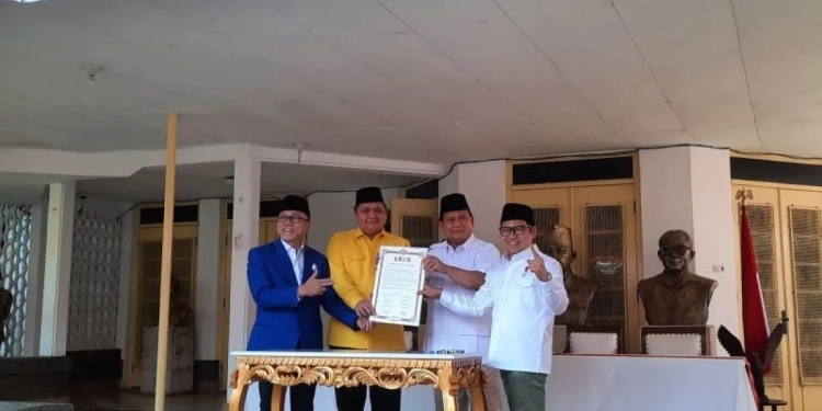 Ketua Umum Partai Golkar, PAN, PKB, dan Gerindra berkoalisi dukung Prabowo Subianto sebagai capres pada Pemilu 2024. (Foto: Dok. Antara/Laily Rahmawaty)