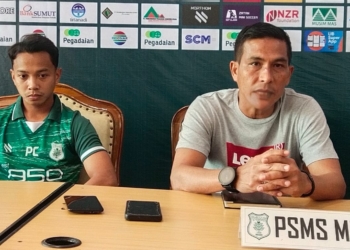Pelatih PSMS Medan, Ridwan Saragih saat konferensi pers, di Medan, Sabtu (23/9/2023). (Foto: Alibi/Dok. Mo Persiraja)