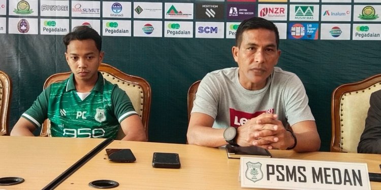 Pelatih PSMS Medan, Ridwan Saragih saat konferensi pers, di Medan, Sabtu (23/9/2023). (Foto: Alibi/Dok. Mo Persiraja)