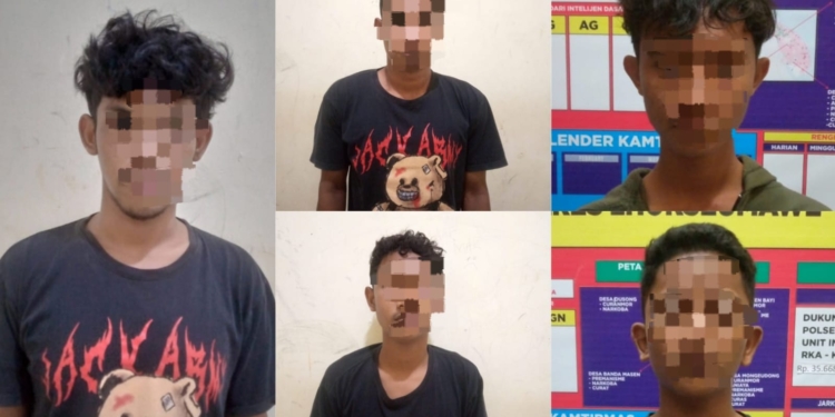 Lima anggota geng ditangkap polisi usai terlibat tawuran di Lhokseumawe, Aceh. (Foto: Alibi/Dok. Polres Lhokseumawe)