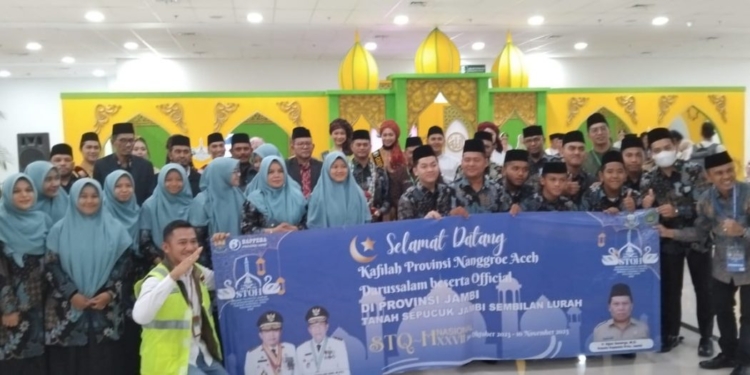 Kafilah Seleksi Tilawatil Qur’an dan Hadist (STQH) Nasional Tahun 2023 dari Aceh tiba di Provinsi Jambi. (Foto: Alibi/Dok. Humas Aceh)