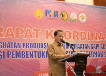 Asisten Perekonomian dan Pembangunan Sekda Aceh Mawardi, saat menyampaikan sambutan pada Rapat Koordinasi Peningkatan dan Pemanfaatan Sapi Aceh serta inisiasi pembentukan Asosiasi Peternak Sapi Aceh, di Banda Aceh, Selasa (24/10/2023). (Foto: Dok. Humas Aceh)