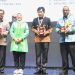 Asisten I Sekda Aceh Azwardi Abdullah (tengah) didampingi Kepala Dinas Tenaga Kerja dan Mobilitas Penduduk Aceh Akmil Husen, serta dari dua perusahaan asal Aceh, saat menerima penghargaan Naker Award 2023, di Balai Sarbini, Jakarta, Jumat, (1/12/2023). (Foto: Dok. BPPA)